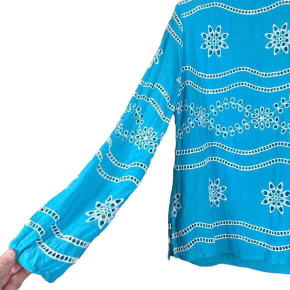 Boston Proper Women’s Turquoise & White Beaded Eyelet Blouse Medium - Picture 9 of 16